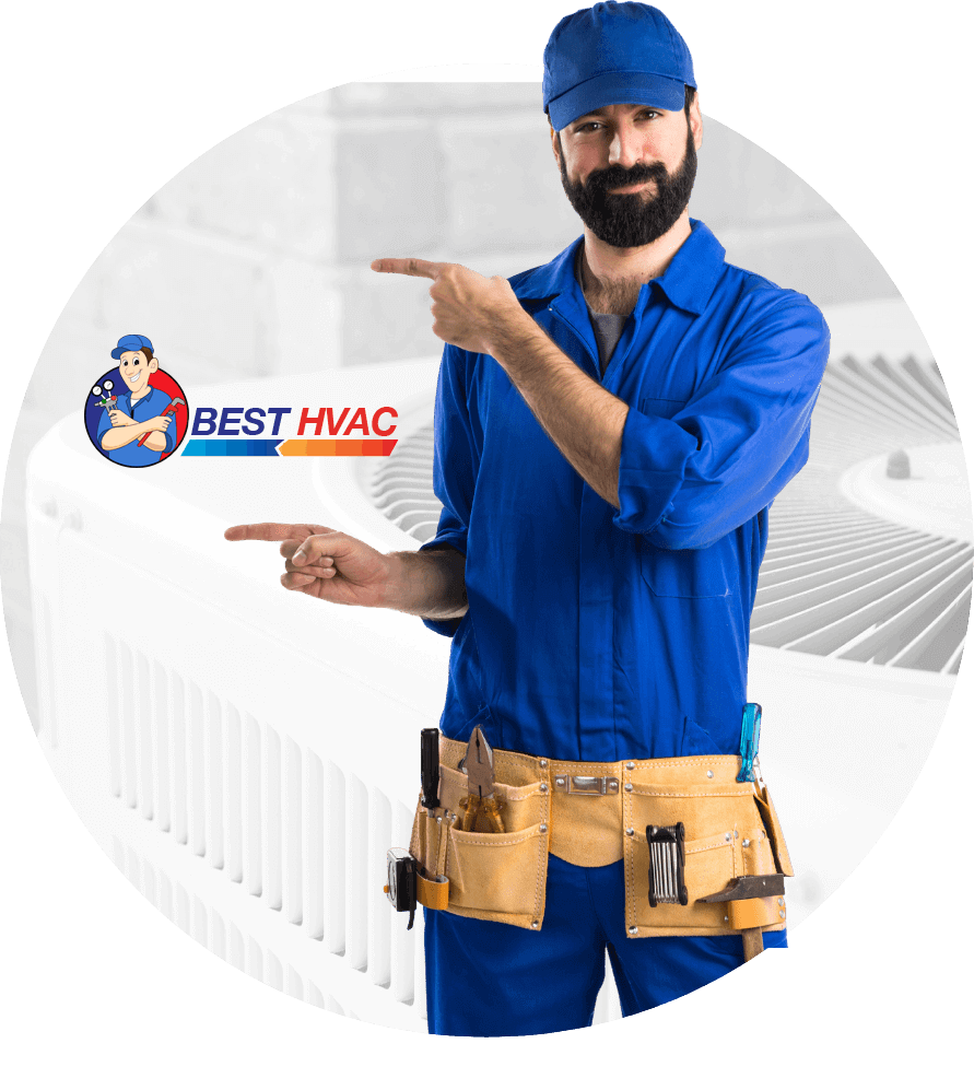 Blue-uniform HVAC technician pointing to the Best HVAC logo on a white background