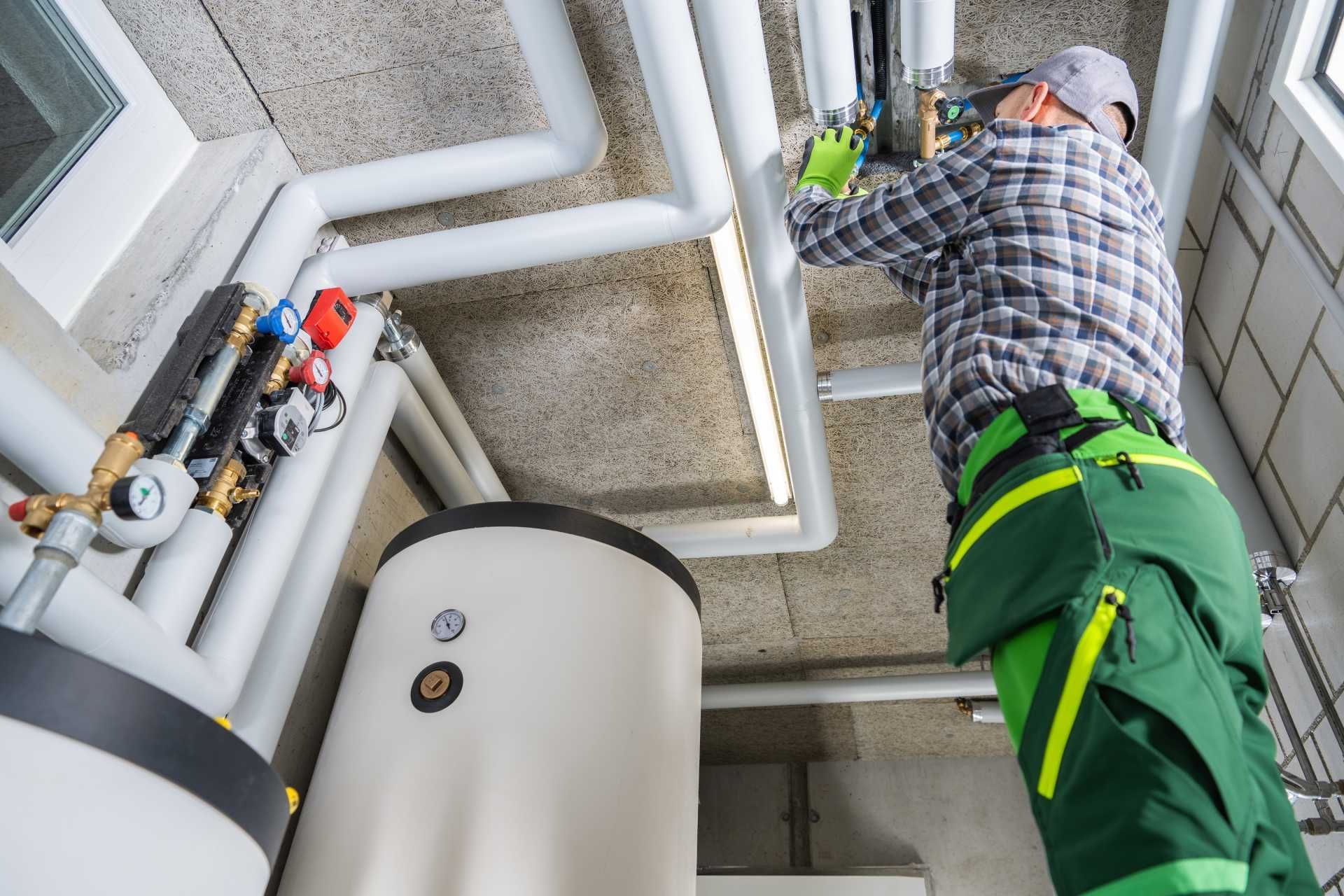 Worker in green work pants fixing ceiling pipes beside a white water heater.