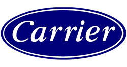 Carrier logo in white italic text on a blue oval with a white border