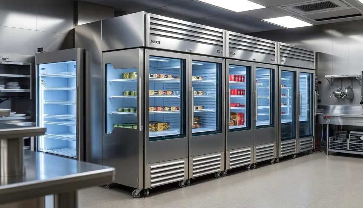 Modern stainless steel commercial refrigerators in a bright industrial kitchen