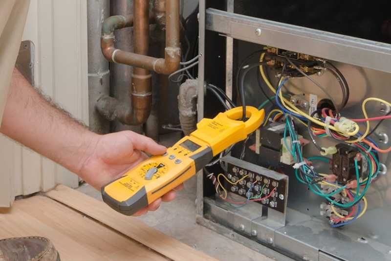 Technician testing electrical wiring in a utility panel with a yellow multimeter/clamp meter