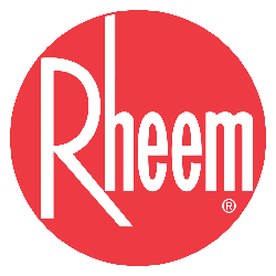 Rheem logo in white text on a red circular background