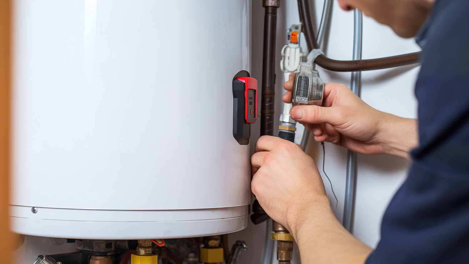 Technician adjusting a gas valve on a white water heater in a utility room