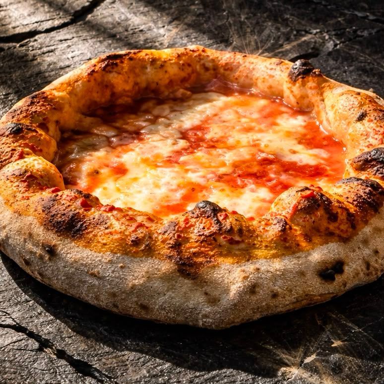 Pizza Margherita con foglie di basilico su un tavolo di legno, con una bevanda e un dolce sullo sfondo.
