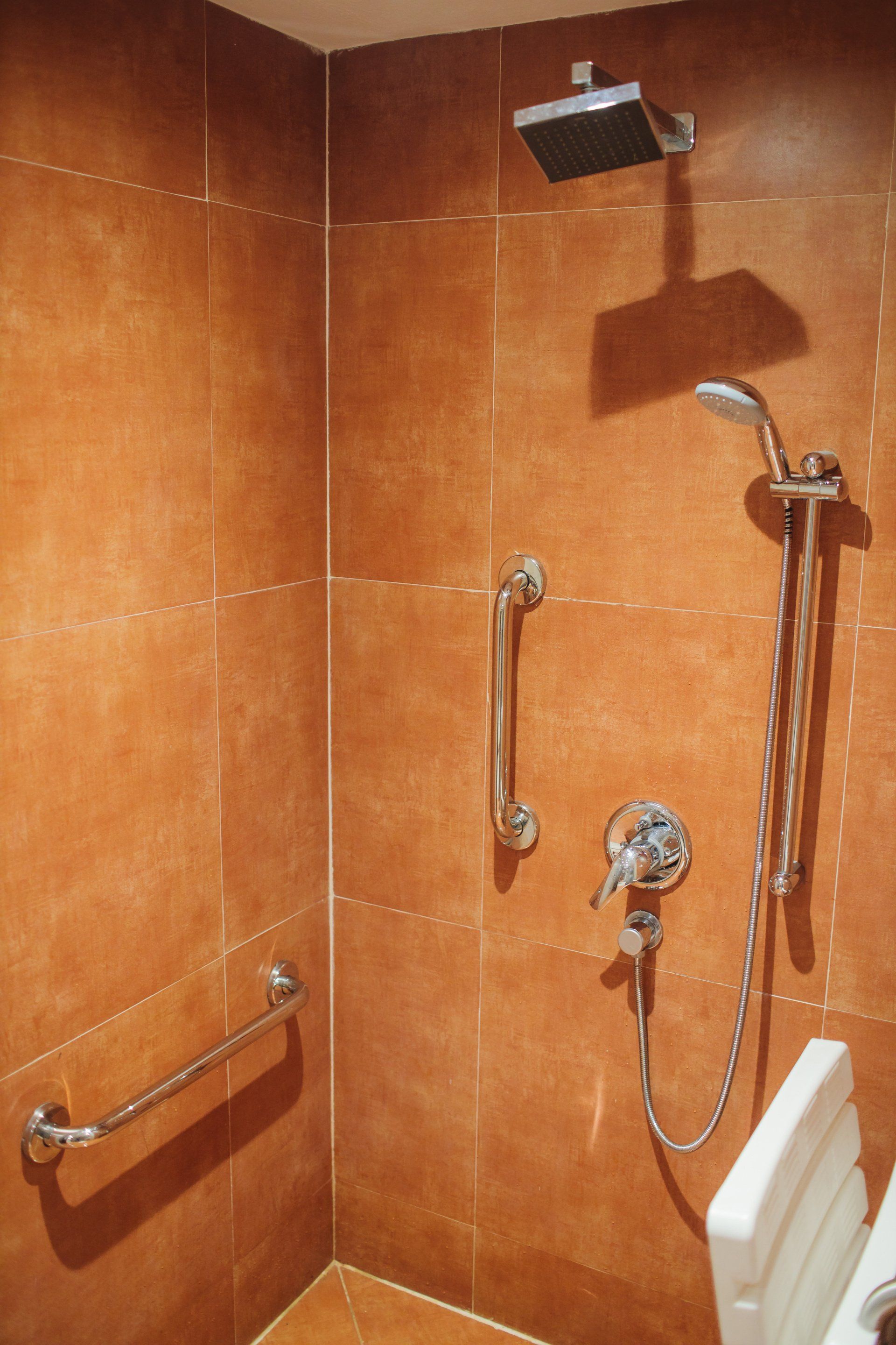 Shower with brown tile, grab bars, overhead and handheld shower heads.