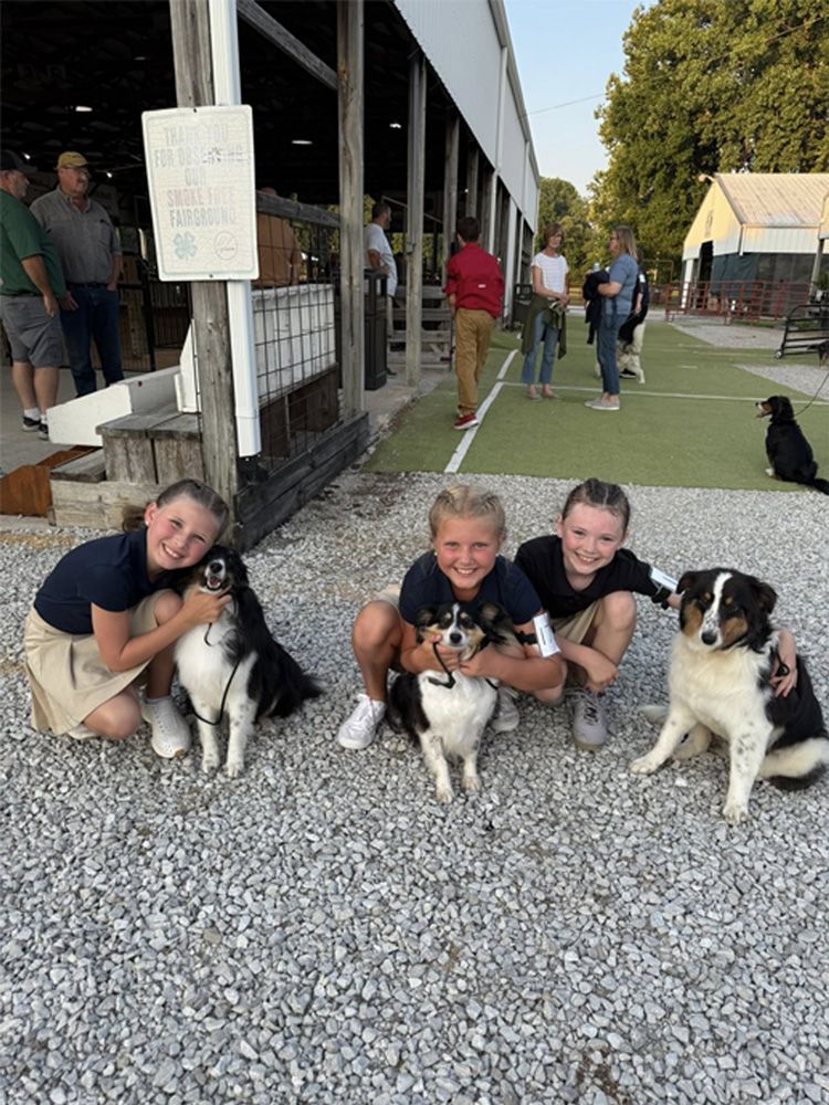 Three women kneel with three dogs on gravel outside a barn at sunset.