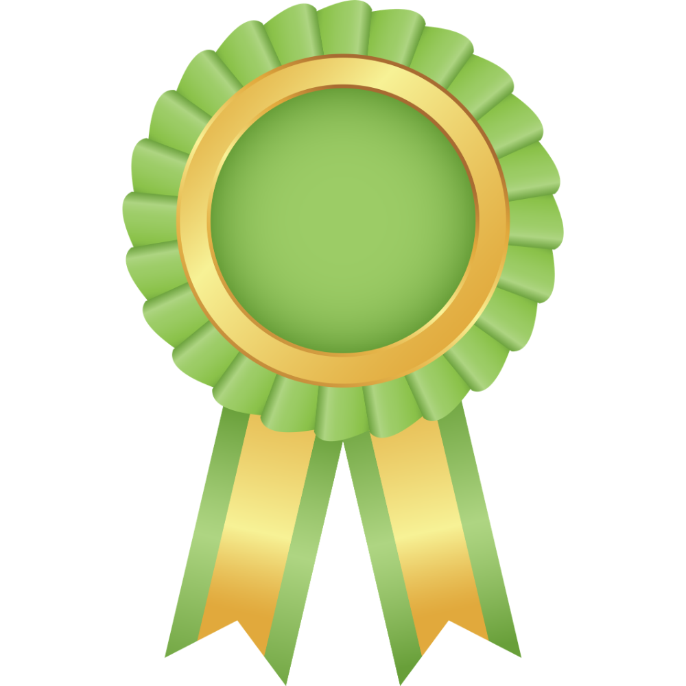 Green and gold award ribbon with a round center medallion and two hanging tails