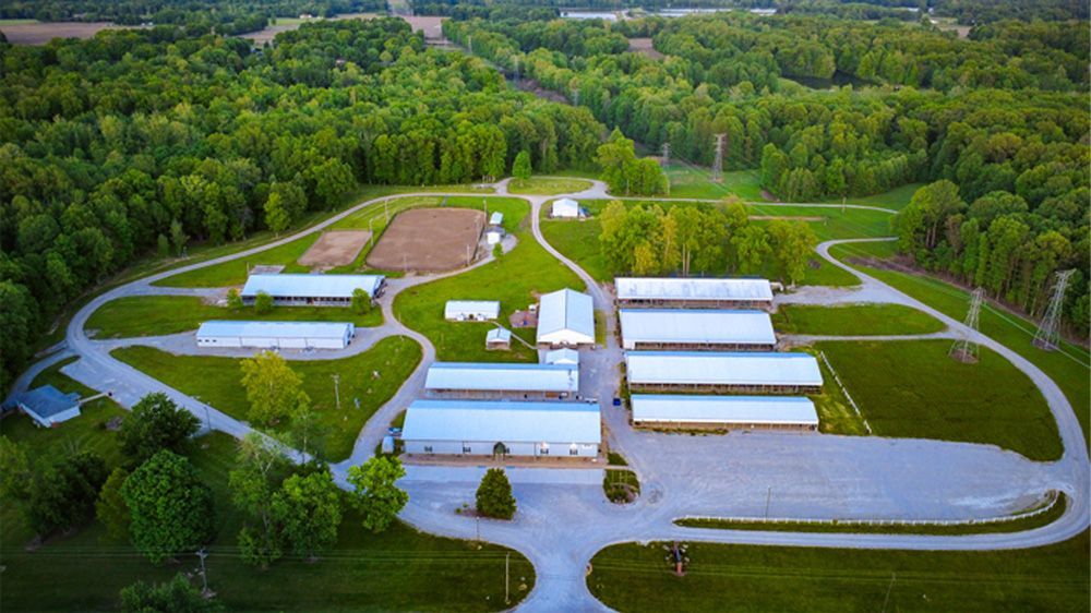 Aerial view of a rural farm with white barns, fields, and surrounding green forest