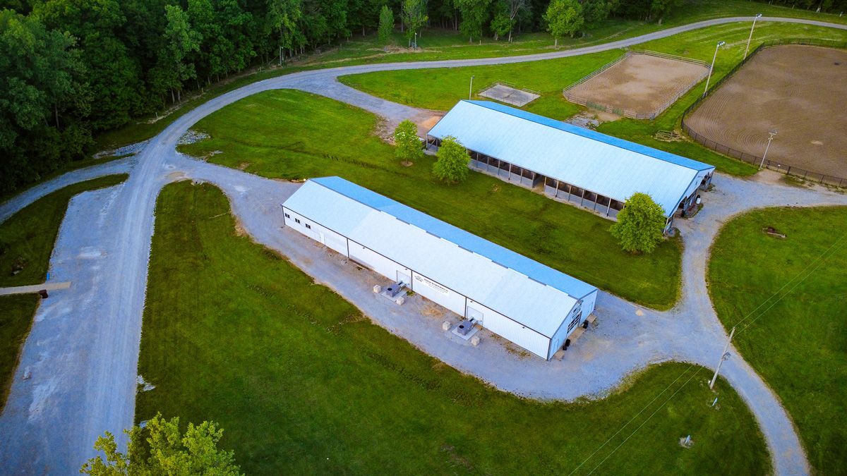 Aerial view of two white barns and a dirt lot beside a curving road, surrounded by green fields and trees