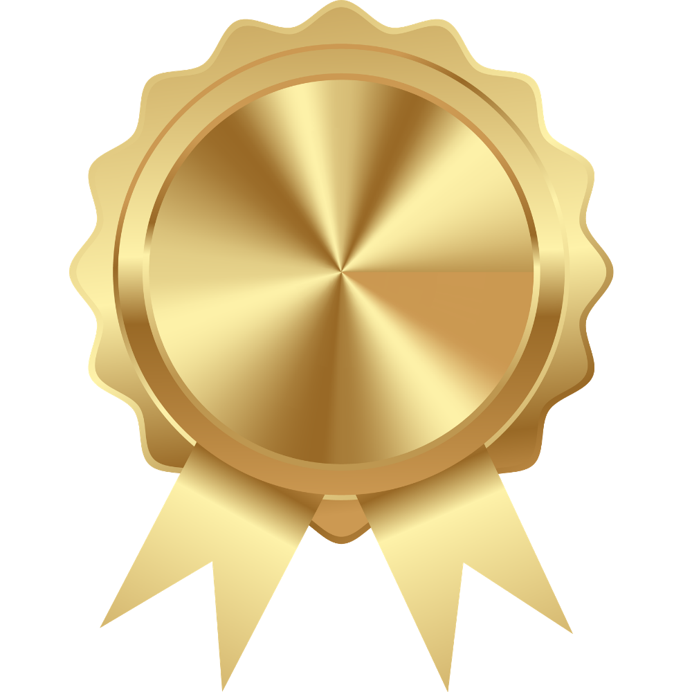 Gold award ribbon badge with circular medal and two ribbon tails