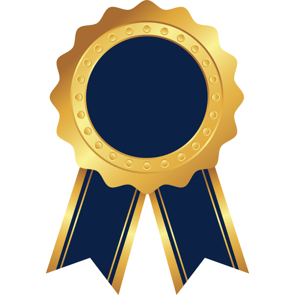 Gold award badge with blue center and two navy ribbons