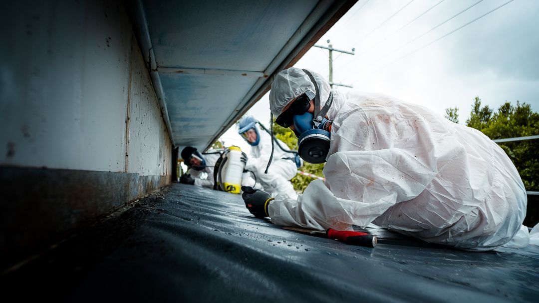 A Man In A White Suit Is Working On The Roof Of A Building — Asbestos Risk Removal In Gladstone, QLD