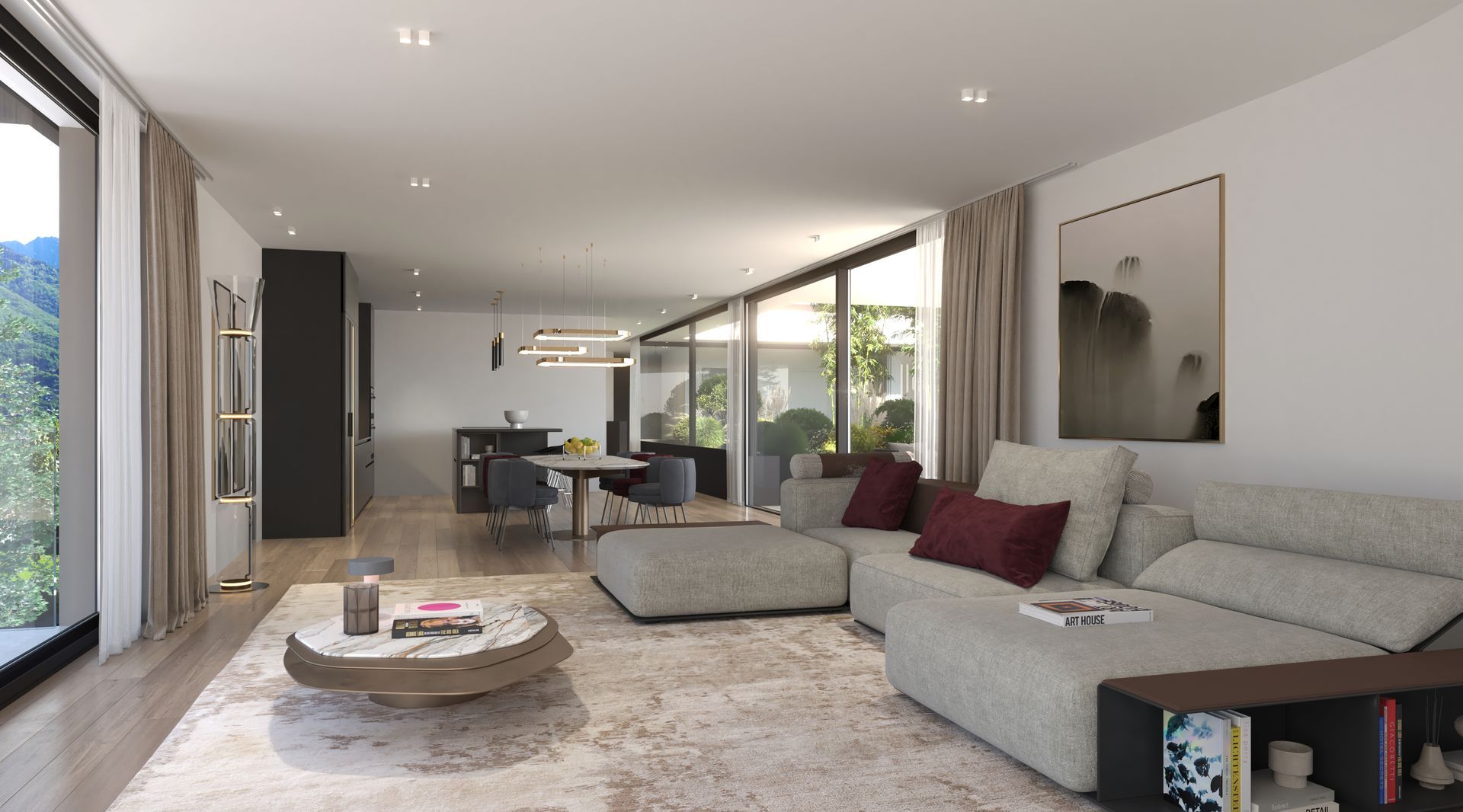 Un soggiorno con divano e tavolino
