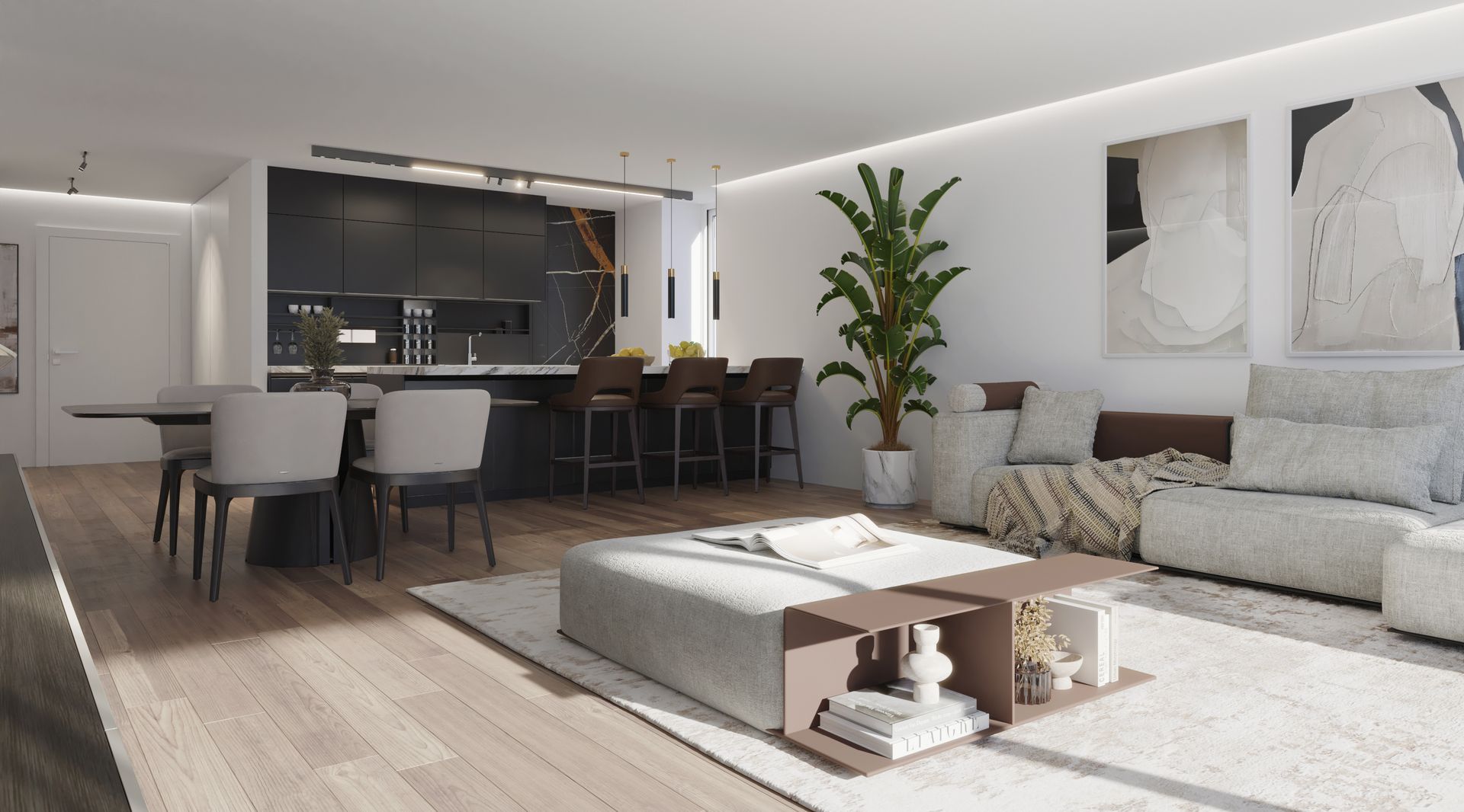 Rendering di un soggiorno e di una sala da pranzo