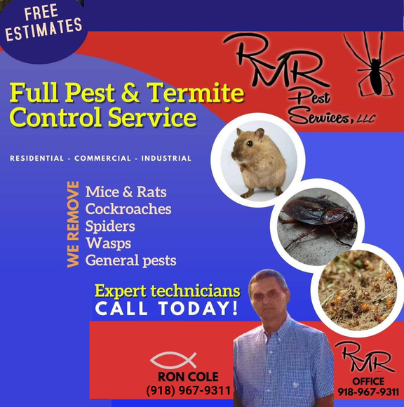 Pest control ad with red and blue background, insects, mice, and technician promoting termite and pest services