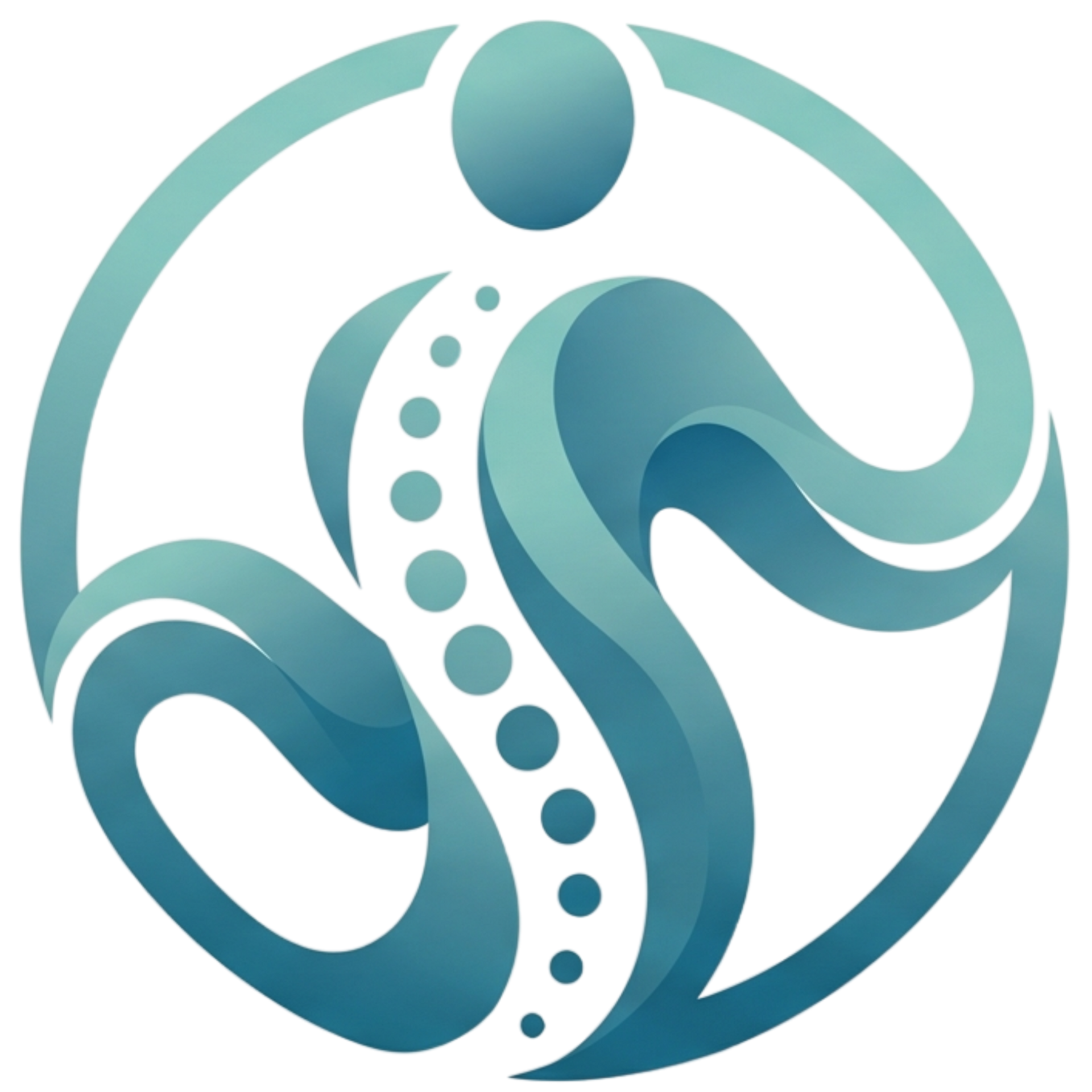 Teal abstract logo of a stylized person with flowing curves inside a circular ring