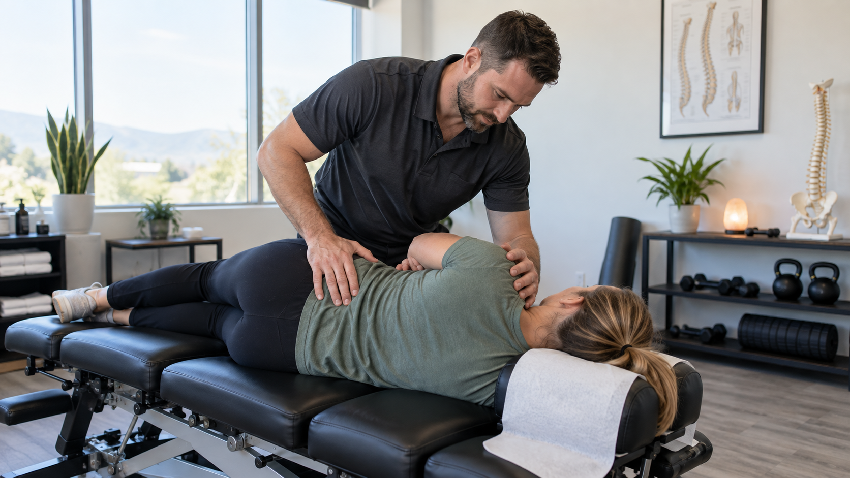 Chiropractor performing a gentle spinal adjustment for patient wellness