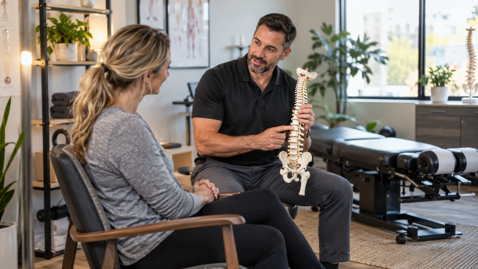 Chiropractor discussing personalized care plan with patient in modern clinic