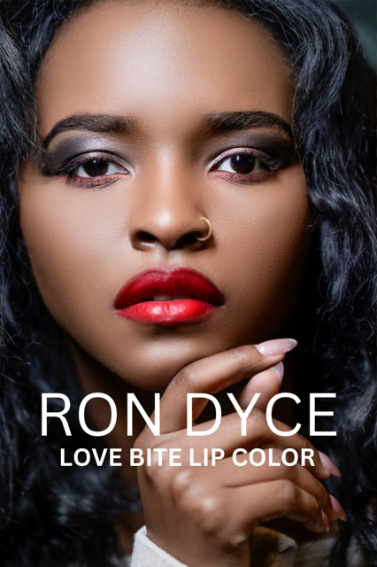 Woman with red lipstick and dark eyeshadow, promoting