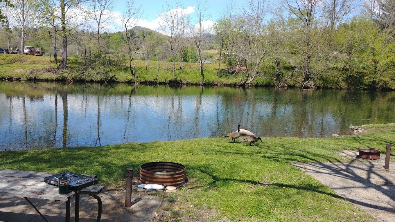 There is a fire pit in the grass next to a lake.