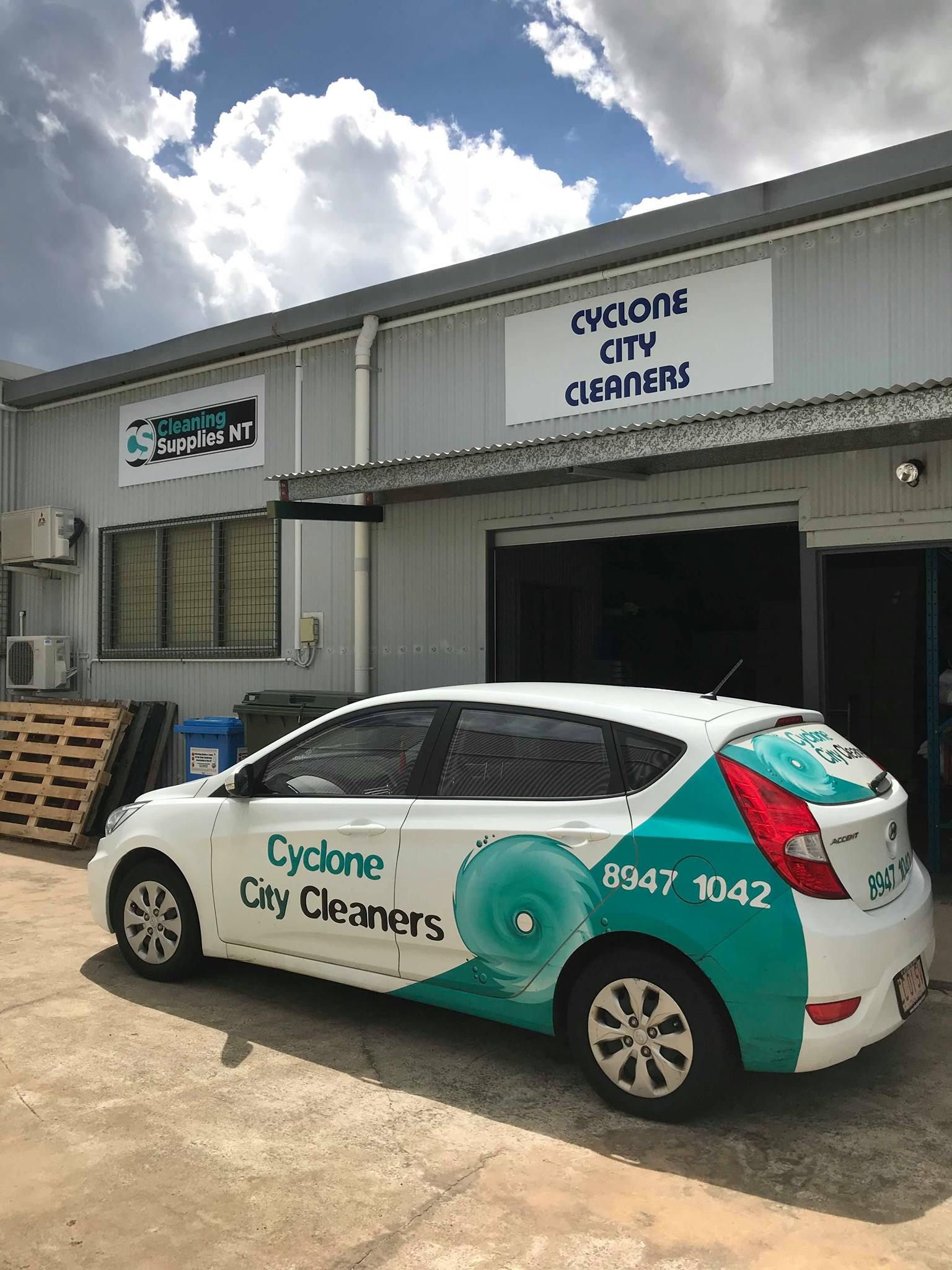 A White Car Branded With the Teal — Cyclone City Cleaners In Winnellie, NT