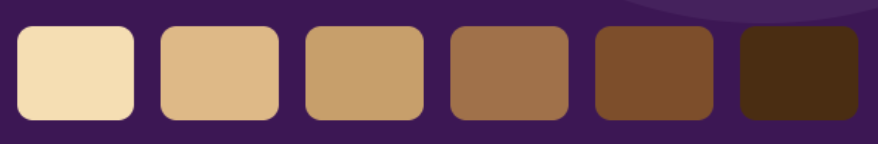 Six rectangular color swatches from pale cream to deep brown on a purple background