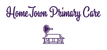 HomeTown Primary Care logo with purple script text and a small clinic building icon