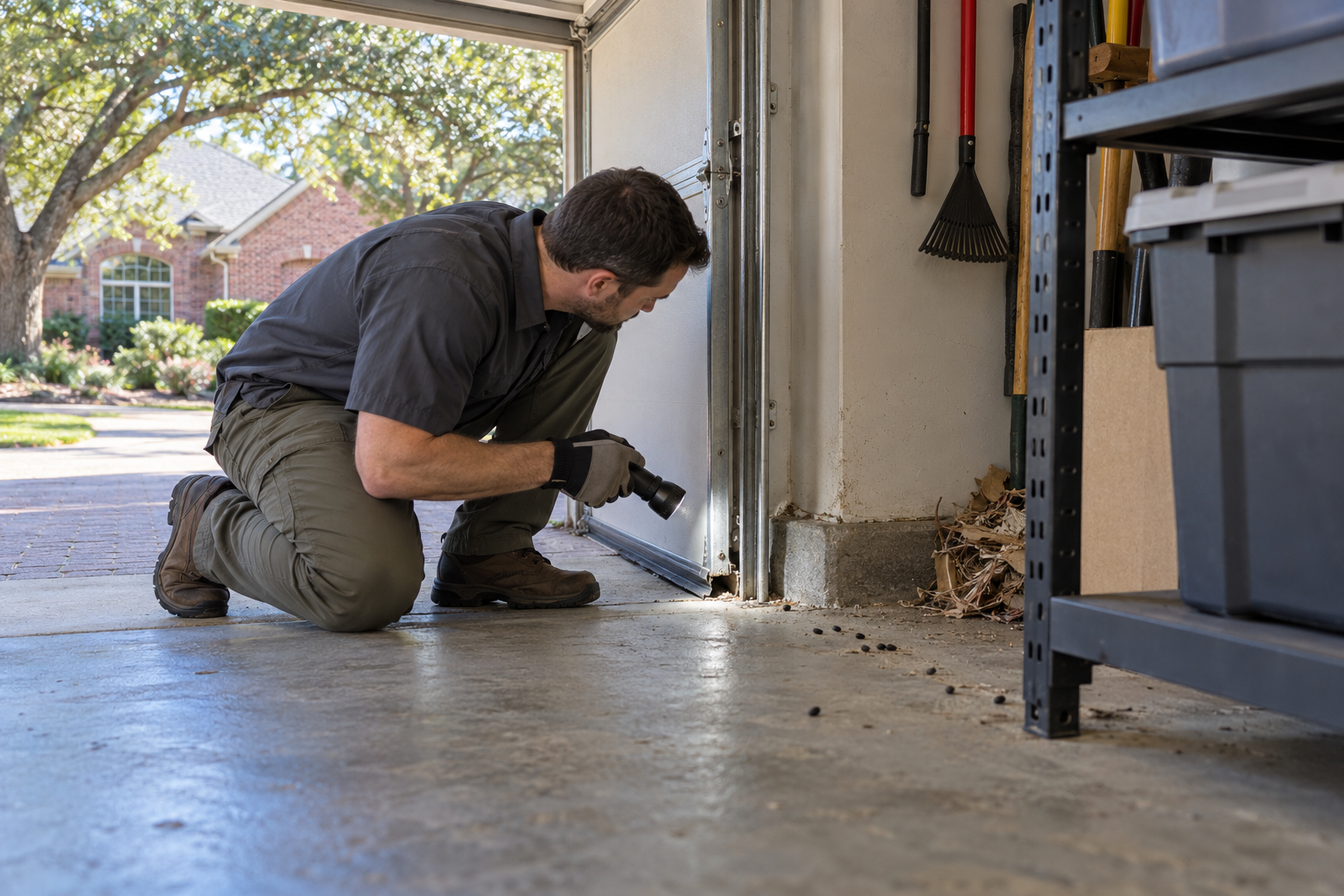 Rodent Removal technician inspecting a Flower Mound home for rodent entry points, nesting areas, and
