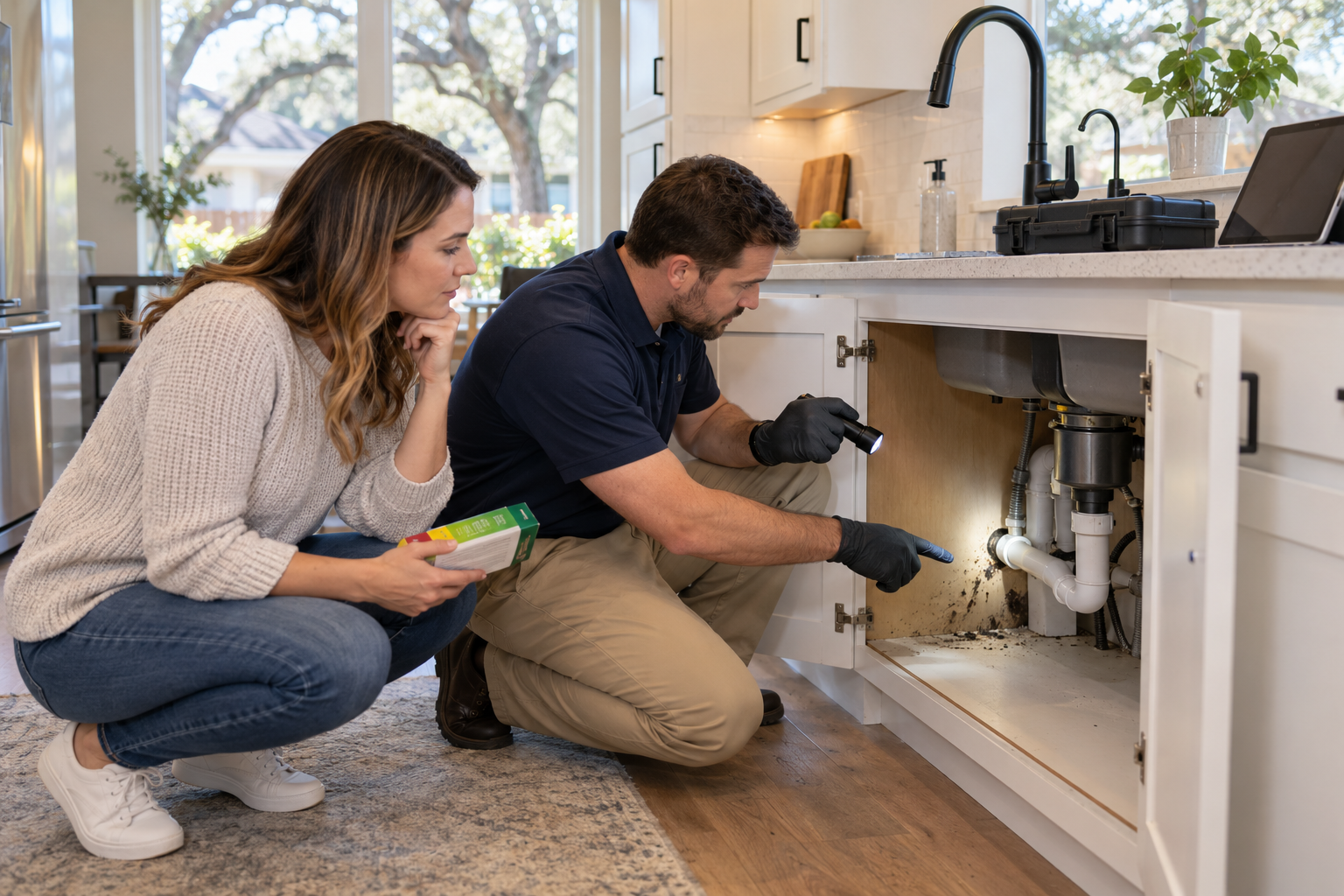 Pest Control technician inspecting a Flower Mound home while comparing DIY pest control with professional treatment options