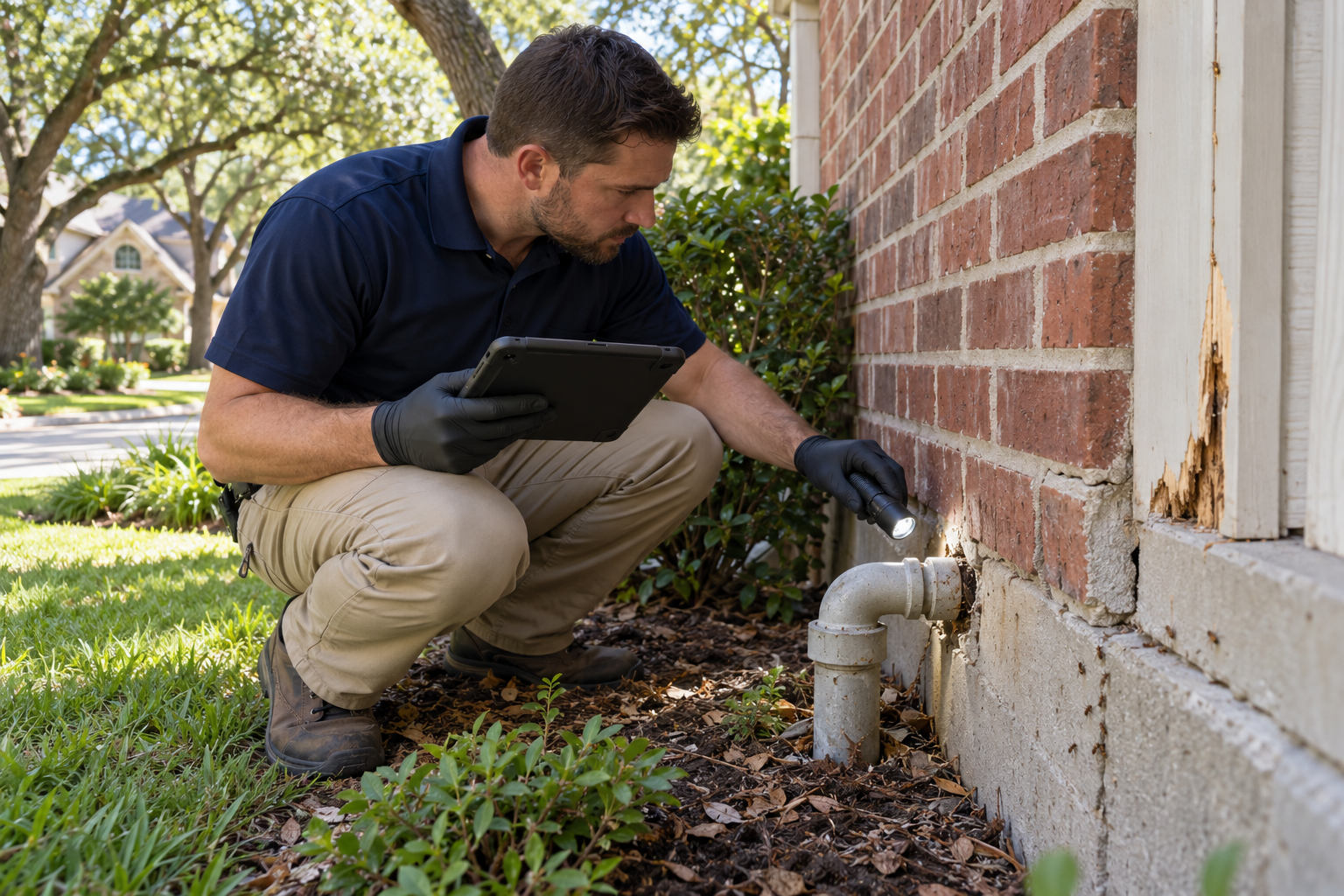 Pest Control technician inspecting a Flower Mound home for rodents, insects, entry points, and signs of pest activity