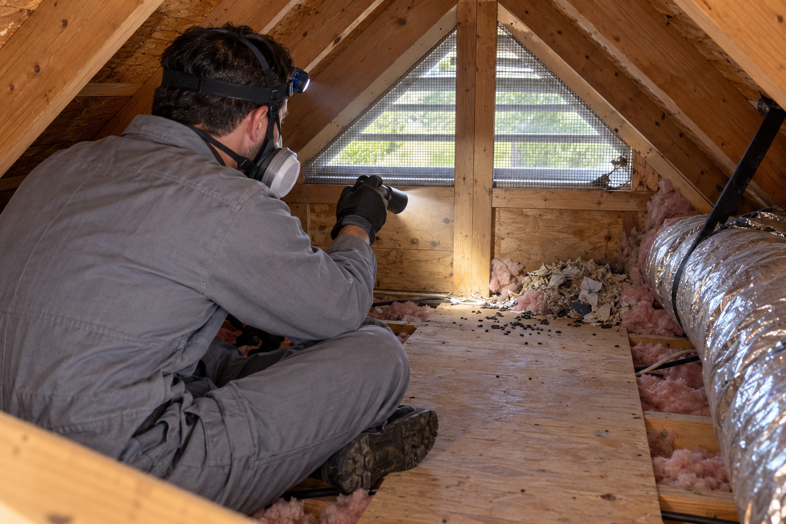 Roof Rat Removal technician inspecting a Texas attic for droppings, nesting areas, and rodent entry