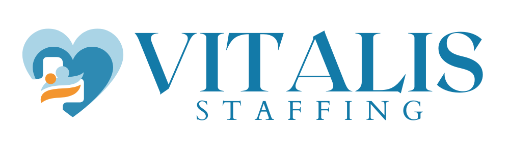 A logo for vitalis staffing with a heart in the middle