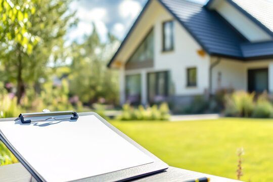 Clipboard with blank paper in front of a house, sunny outdoor setting.
