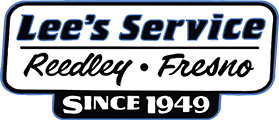 Lee’s Service logo with Reedsley • Fresno and “Since 1949” in black and blue