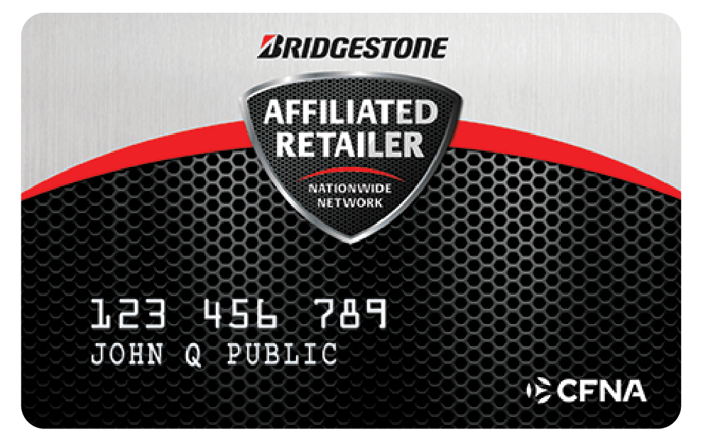 Bridgestone Affiliated Retailer credit card with black hex pattern and sample numbers and name