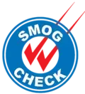 Blue circular Smog Check logo with red checkmark and white lettering