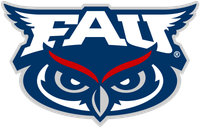 A blue and white logo with an owl and the word fau