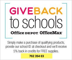 An advertisement for office depot giving back to schools.