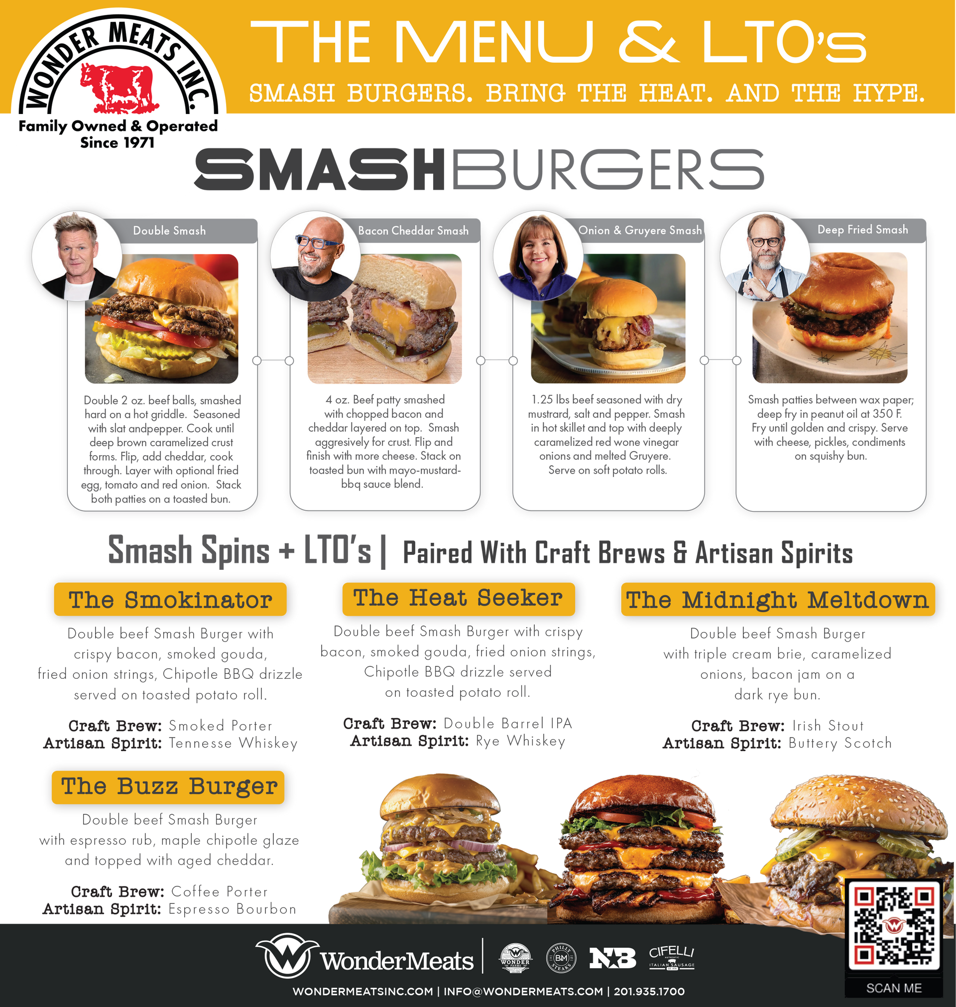 Menu for Wonder Meats, Inc. with smash burgers and LTOs, paired with craft brews and spirits.