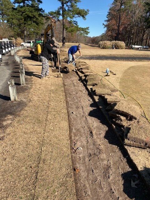 Workers digging a long trench beside a road in a wooded park area