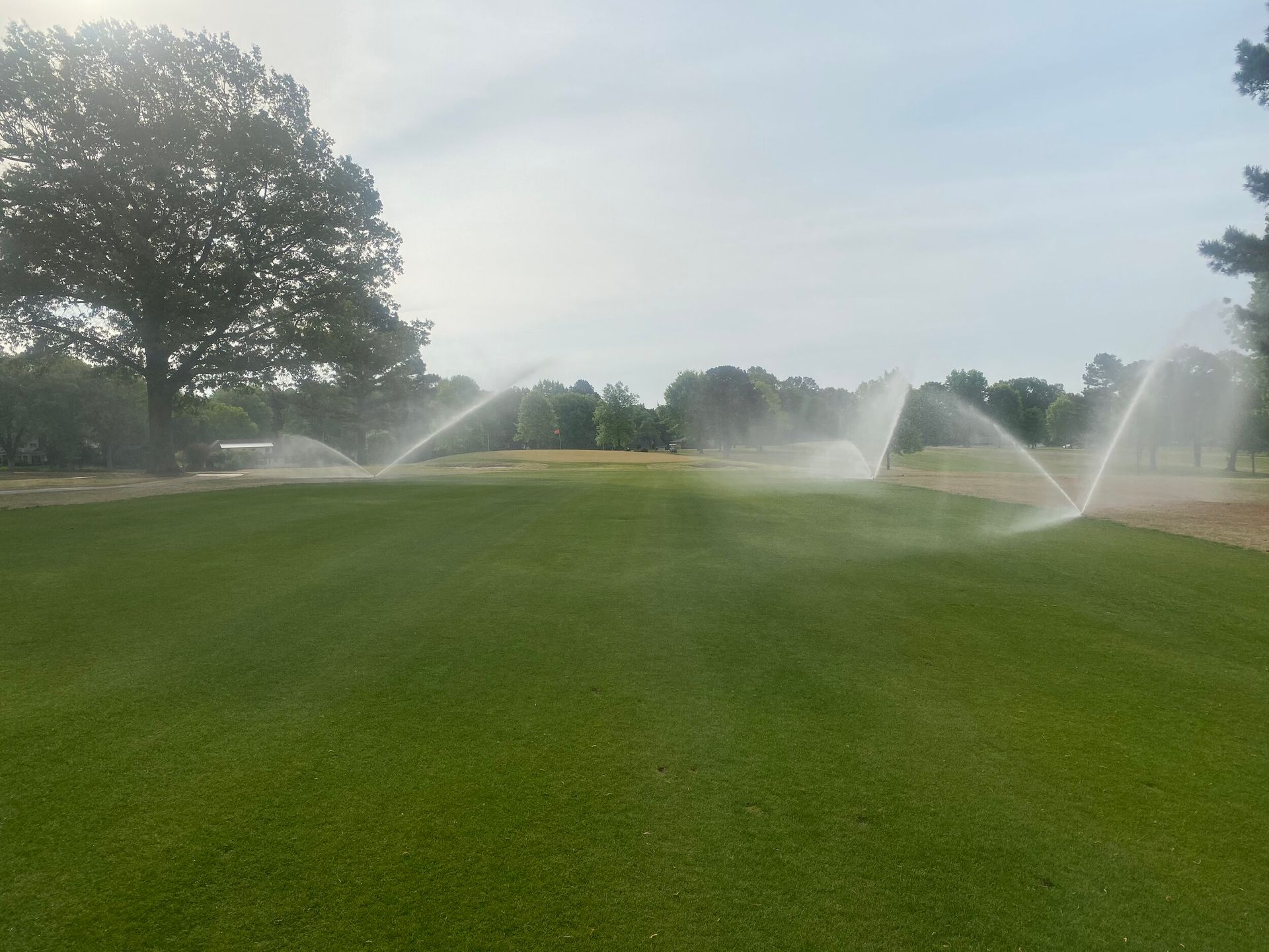 Lawn sprinkler spraying water across a green park field under a hazy sky