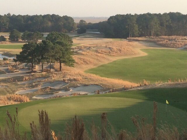 Golf course with green fairways, sand bunkers, and trees under soft daylight