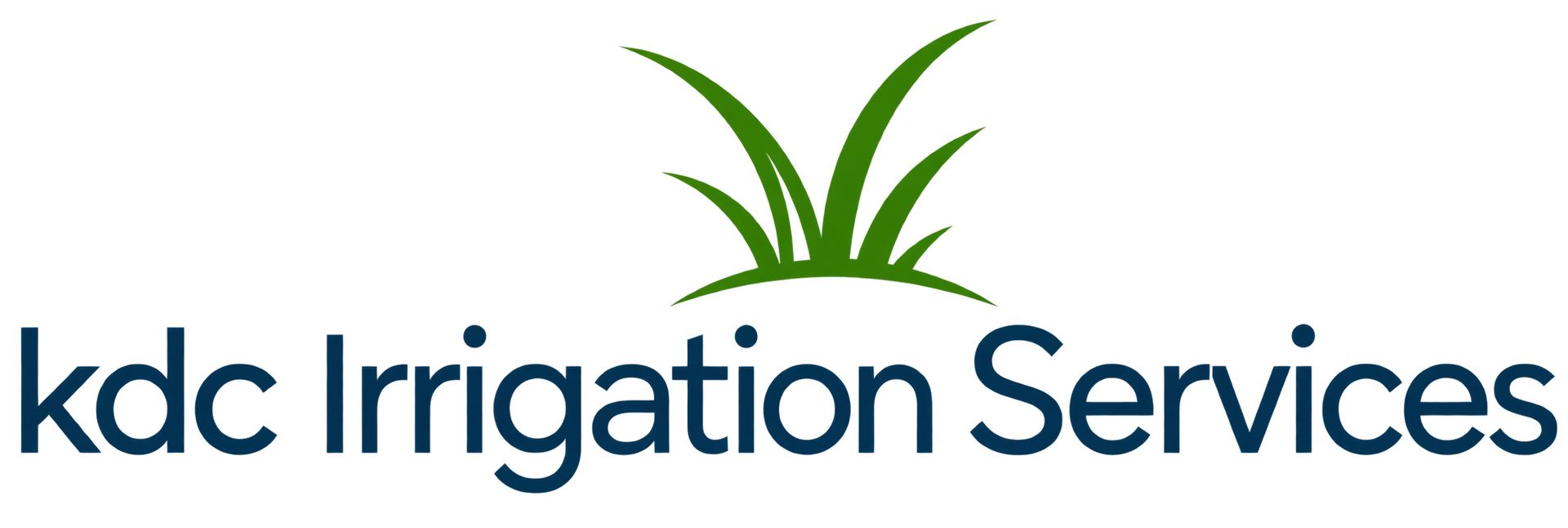 Kdc Irrigation Services logo with dark blue text and green grass-like arcs above the wordmark