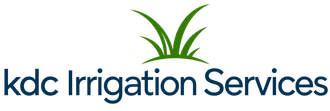 Kdc Irrigation Services logo with dark blue text and green grass-like arcs above the wordmark