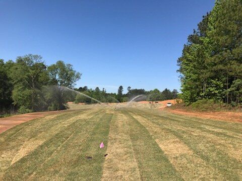 Irrigated grassy field with sprinklers spraying water under a clear blue sky, bordered by trees.