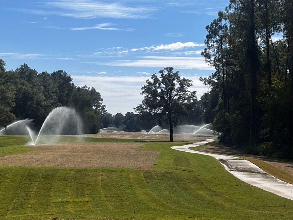 Golf course fairway with sprinklers spraying water beside a winding cart path under a blue sky