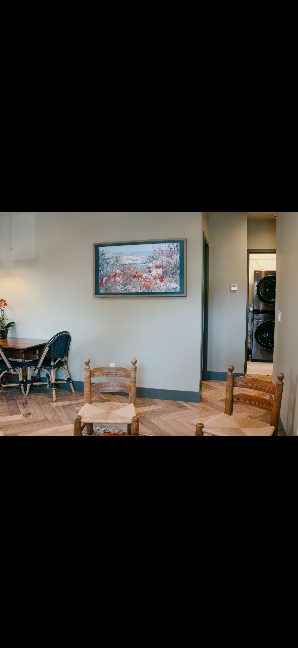 Room with chairs, a painting on the wall, and a washing machine.