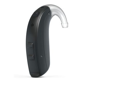 Apparecchio acustico grigio con marchio Widex