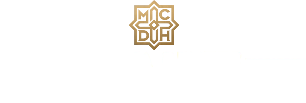Gold geometric logo centered on a white background with stylized letters inside a hexagon.