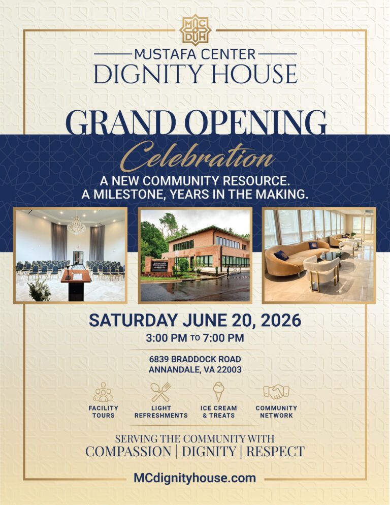 Dignity House grand opening flyer with beige and blue design, venue photos, and June 20, 2026 event details